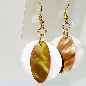 NEW! Coconut Shell and Mother Of Pearl Drop Earrings in Goldtone